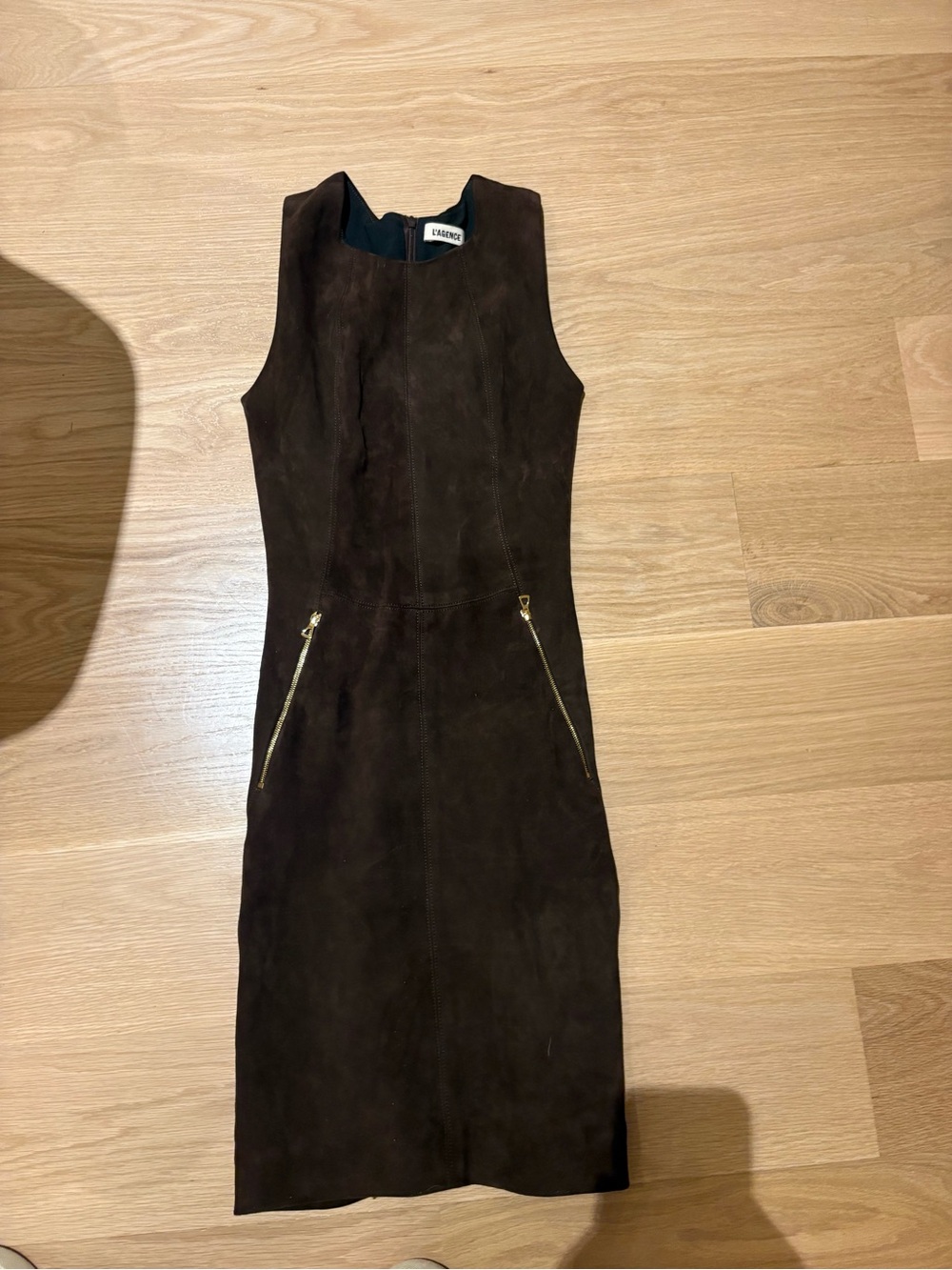 L'AGENCE Dark Brown Suede Sleeveless Sheath Dress Gold Zips XS size 2 perfect